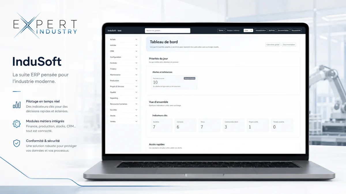 InduSoft affiché sur ordinateur portable avec tableau de bord ERP industriel